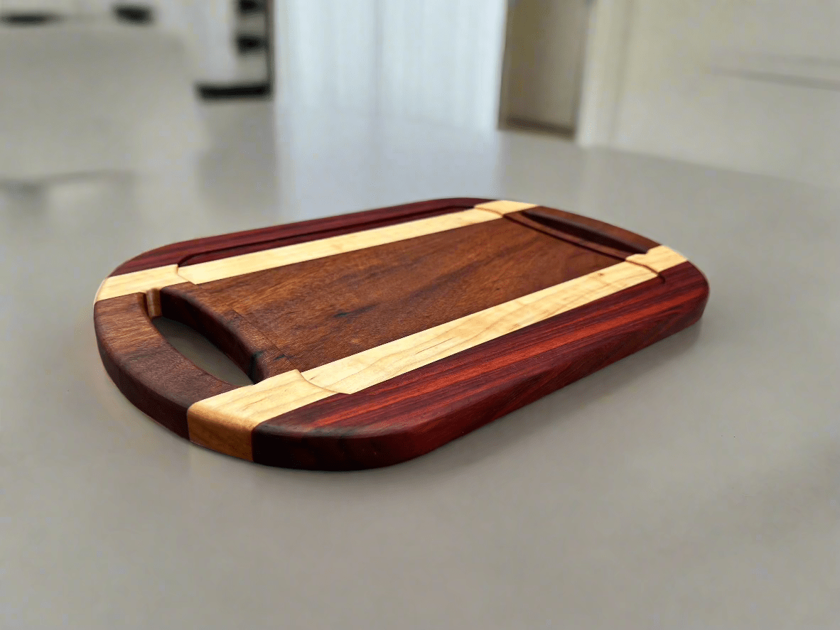 Padauk, Curly Maple & Tigerwood Charcuterie Board - Handcrafted Wooden Serving Board.