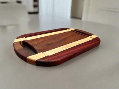 Padauk, Curly Maple & Tigerwood Charcuterie Board - Handcrafted Wooden Serving Board.