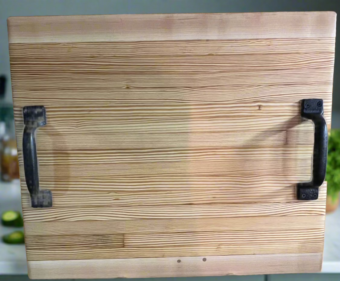 23” x 19 1/2" x 1 3/4"   Upcycled - Heavy Duty Cutting Board/Butcher Block w/ Cast Iron Handles